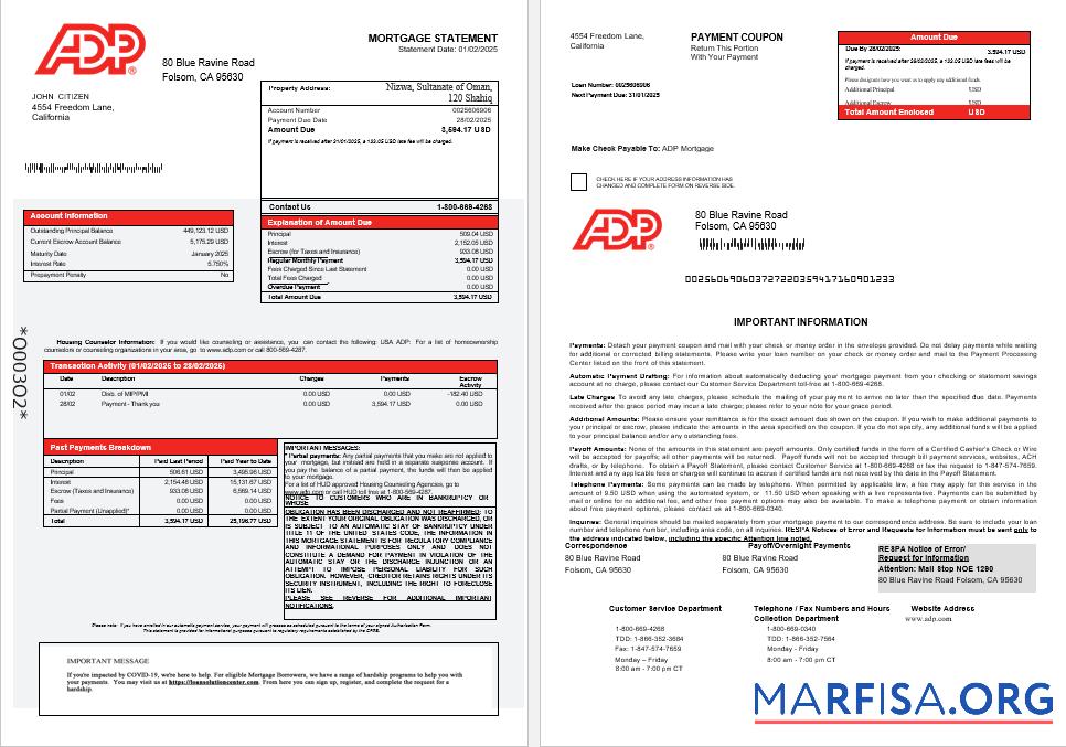 Realistic USA ADP mortgage statement in Word and PDF formats 1 2 template